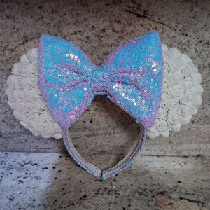 Custom Iridescent Sequin Minnie Mouse Ears Headband w Off White Roses GORGEOUS